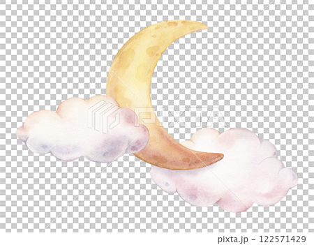 Hand drawn watercolor illustration of the moon and clouds for Baby shower invitations or nursery wall art. Drawing sky perfect for conveying a dreamy, mystical atmosphere for kids greeting cards. 122571429