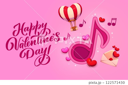 Paper cut valentines day banner with love hearts and music notes. Vector Happy Valentine Day greeting card with hot air balloon, musical note and love letter on pink background exuding romance and joy Paper cut valentines day banner with love hearts and music notes. Vector Happy Valentine Day greeting card with hot air balloon, musical note and love letter on pink background exuding romance and joy 122571430
