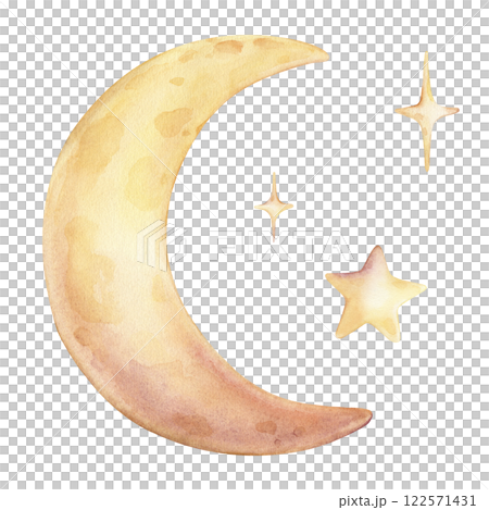 Hand drawn watercolor illustration of the moon and stars for Baby shower invitations or nursery wall art. Drawing sky perfect for conveying a dreamy, mystical atmosphere for kids greeting cards. 122571431