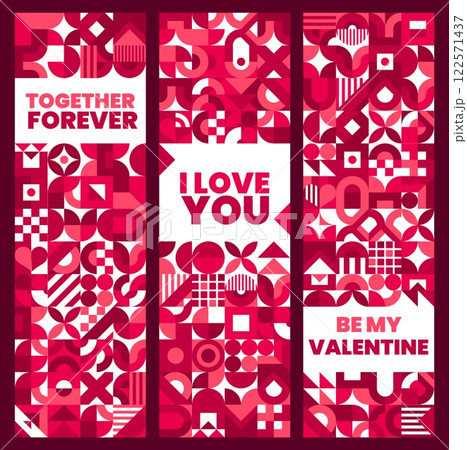 Valentines day banners with abstract geometric pattern and shapes. Festive cards set in vibrant shades of red and burgundy with romantic messages like together forever, i love you, and be my valentine Valentines day banners with abstract geometric pattern and shapes. Festive cards set in vibrant shades of red and burgundy with romantic messages like together forever, i love you, and be my valentine 122571437