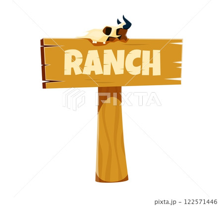 Letter T as a rustic wooden ranch sign featuring cowboy font with an animal skull, evoking the spirit of wild west lifestyle. Cartoon vector western typeface, type, English alphabet as a road signpost 122571446