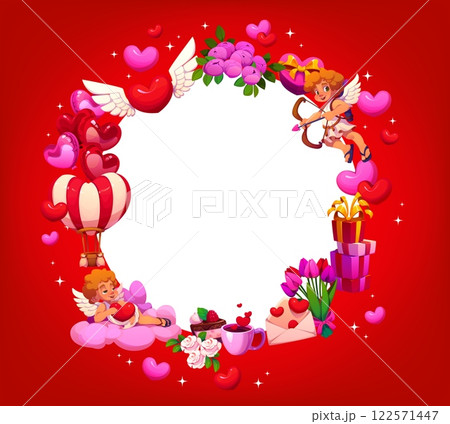 Valentines day frame banner with cute cartoon playful cherubs holding bow and heart, gifts, balloons, roses and desserts on bold red background, adorned with festive elements for romantic celebration 122571447