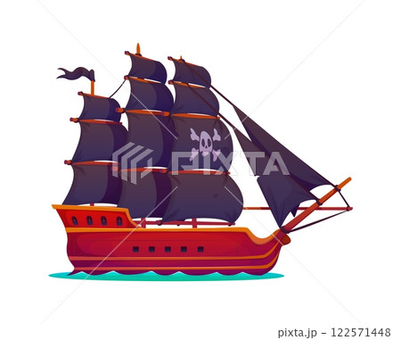 Buccaneer pirate ancient caravel sail ship. Corsair historical galleon warship. Pirate old caravel sailboat isolated vector or filibuster ancient frigate ship with skull and bones on black sails 122571448