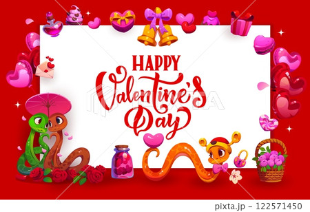 Happy valentines day greeting card featuring cute and playful snakes, hearts, balloons, roses, gifts, romantic elements, love themed decorations and lettering phrase happy valentines day in center 122571450