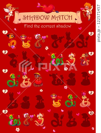 Shadow match game worksheet with valentines day snakes. Cartoon vector fun puzzle riddle for kids featuring cute snakes holding hearts, roses or gifts on red background with romantic decor and cherubs 122571457