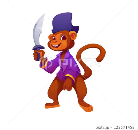 Cartoon funny monkey pirate animal character. Isolated vector mischievous jungle ape corsair personage with swirly tail, tricorn hat and sword in hand ready for high seas adventures and ship attack 122571458