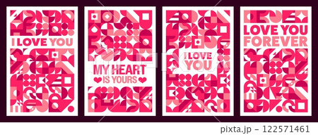 Valentines day posters with geometric shapes. Holiday banners with abstract pattern, hearts and romantic phrases like love you forever, I love you, and my heart is yours. Vector cards for greetings 122571461