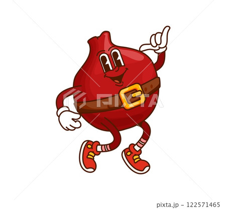 Cartoon groovy pomegranate pirate and corsair fruit character with vibrant smile showcasing funky swashbuckling vibe. Isolated vector ripe garnet rover happily jumps and rejoices with funny expression 122571465