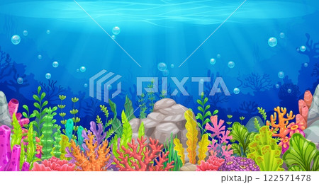 Cartoon game background underwater landscape. Vector undersea level filled with colorful coral, rocks and marine plants. Sunlight streams through the clear blue water creating serene and magical scene Cartoon game background underwater landscape. Vector undersea level filled with colorful coral, rocks and marine plants. Sunlight streams through the clear blue water creating serene and magical scene 122571478