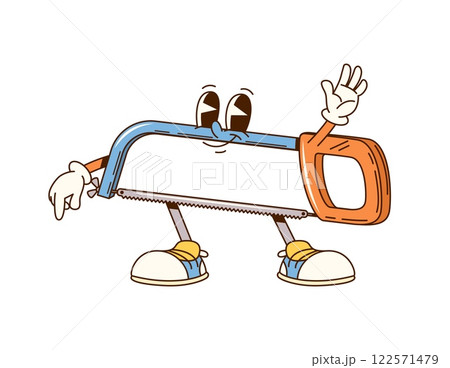 Groovy fretsaw cartoon character for repair, construction and DIY tool emoji, vector personage. Groovy fretsaw or hacksaw with happy smile on funny face, carpentry or repair saw tool cartoon character Groovy fretsaw cartoon character for repair, construction and DIY tool emoji, vector personage. Groovy fretsaw or hacksaw with happy smile on funny face, carpentry or repair saw tool cartoon character 122571479