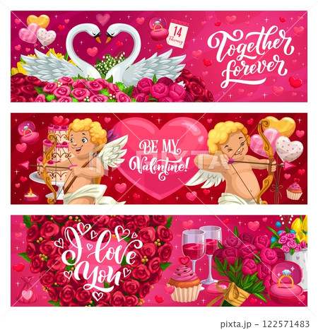 Valentines day holiday banners. Romantic love greeting cards featuring swans, cherubs, roses, hearts, and elegant phrases like together forever, be my valentine, and i love you in red and pink colors Valentines day holiday banners. Romantic love greeting cards featuring swans, cherubs, roses, hearts, and elegant phrases like together forever, be my valentine, and i love you in red and pink colors 122571483
