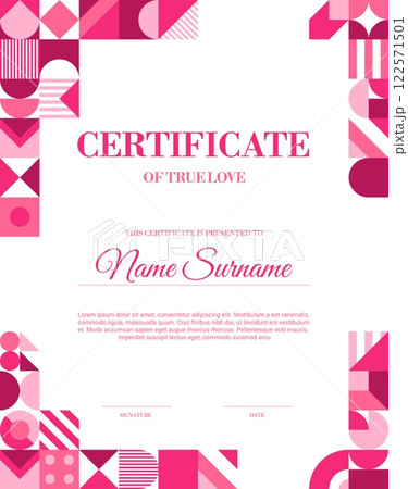 Valentine day vertical certificate with abstract geometric shapes, vector diploma template. Certificate of true love for bride and groom on love holiday or wedding with geometric mosaic shapes frame 122571501