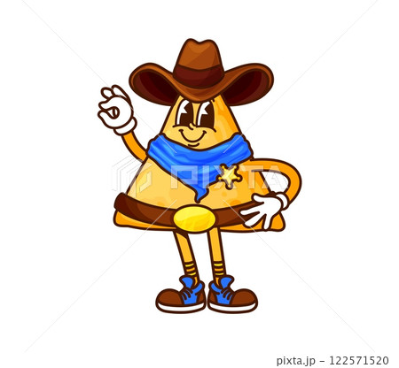 Cartoon groovy Mexican nachos chips cowboy character in sheriff hat with neck scarf, star badge, retro sneakers and leather belt, showing ok sign. Vector tex mex snack ranger y2k fast food personage 122571520