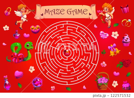 Valentines day labyrinth maze game with cherubs and snake. Vector riddle with circular maze contains engagement ring as a romantic prize in the center, surrounded by hearts, roses and festive gifts Valentines day labyrinth maze game with cherubs and snake. Vector riddle with circular maze contains engagement ring as a romantic prize in the center, surrounded by hearts, roses and festive gifts 122571532