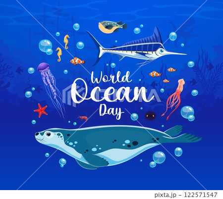 World Ocean Day banner featuring a variety of ocean animals and marine biodiversity as seal, swordfish and squid. Cartoon vector poster celebrates conservation efforts and the beauty of undersea life 122571547