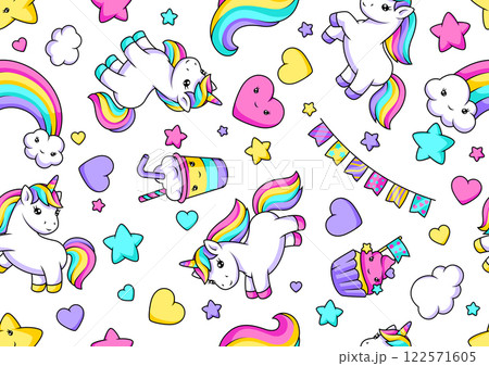Pattern with unicorns. Happy birthday party background. 122571605
