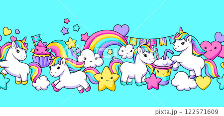 Pattern with unicorns. Happy birthday party background. 122571609