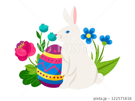 Happy Easter greeting card. Cute bunny, egg and flowers for celebration. Happy Easter greeting card. Cute bunny, egg and flowers for celebration. 122571616
