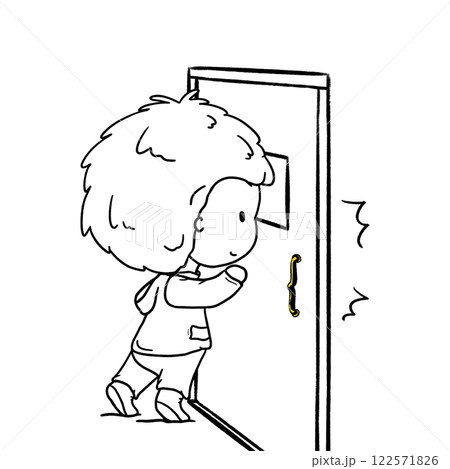 Little boy tiptoes and knocks the door outline illustration, kid knocking door cartoon doodle drawing Little boy tiptoes and knocks the door outline illustration, kid knocking door cartoon doodle drawing 122571826