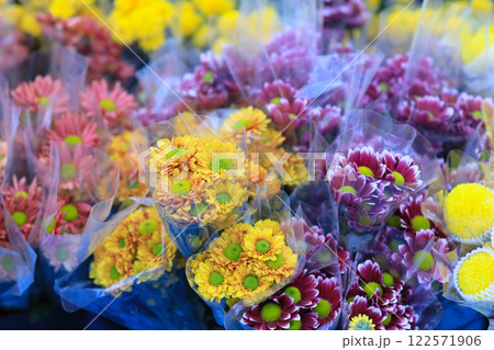 Jan 26 2025 Floral Bouquets in Vibrant Colors Displayed at a Flower Market 122571906