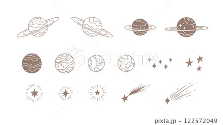 シンプルでかわいい手描きの天体 惑星の装飾イラストセット 星 宇宙 流星 シンプルでかわいい手描きの天体 惑星の装飾イラストセット 星 宇宙 流星 122572049