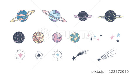 シンプルでかわいい手描きの天体 惑星の装飾イラストセット 星 宇宙 流星 シンプルでかわいい手描きの天体 惑星の装飾イラストセット 星 宇宙 流星 122572050