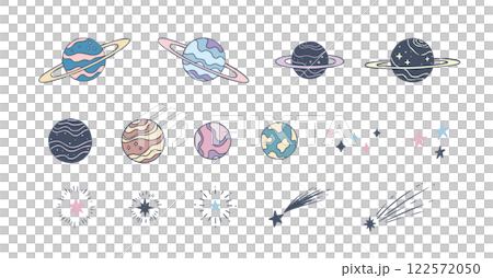 シンプルでかわいい手描きの天体 惑星の装飾イラストセット 星 宇宙 流星 シンプルでかわいい手描きの天体 惑星の装飾イラストセット 星 宇宙 流星 122572050