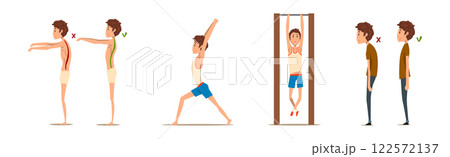 Teen Boy Doing Exercise with Correct and Wrong Spine Posture Vector Set Teen Boy Doing Exercise with Correct and Wrong Spine Posture Vector Set 122572137