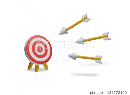 Red target and arrows 3D plastic style, vector archery tool, shoot instrument, business goal, strategy targeting concept 122572199