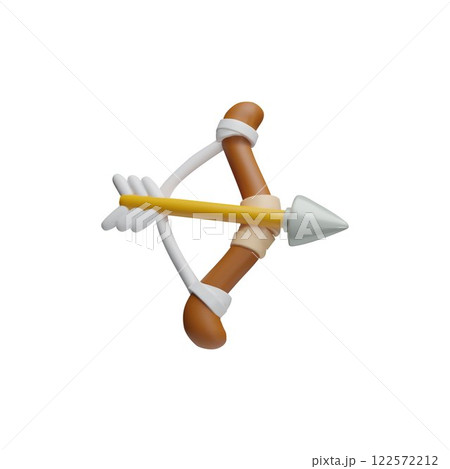 3D bow with arrow aiming cartoon plastic style icon, volume medieval archery, hunter weapon, ancient warrior game asset 122572212