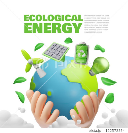 Planet earth in hand with Green power symbols, alternative ecological energy 3D vector poster, wind turbine, solar panel 122572234