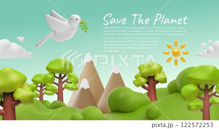 Save the planet 3D cartoon banner vector design, nature landscape with green trees, mountains and flying white dove bird 122572253