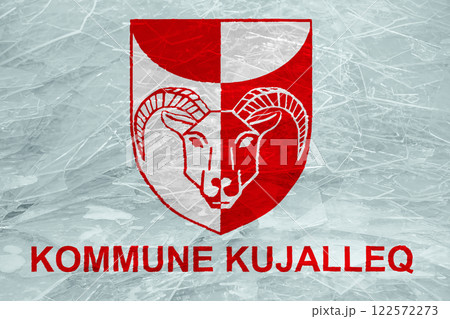 Official flag and coat of arms of Kujalleq. Greenland. Conceptual collage on ice texture 122572273
