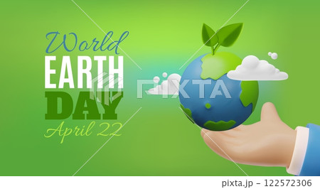 World Earth day, 22 April 3D cartoon vector design, planet Earth with green sprout on hand, ecology environment concept World Earth day, 22 April 3D cartoon vector design, planet Earth with green sprout on hand, ecology environment concept 122572306