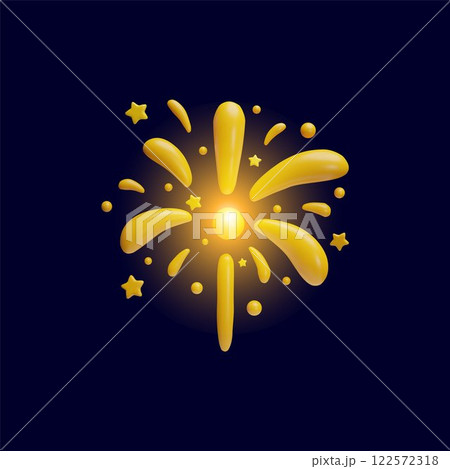 Sparkling light, shiny sparkler, 3D vector festive golden glow bang, firework explosion, bursting salute with stars 122572318