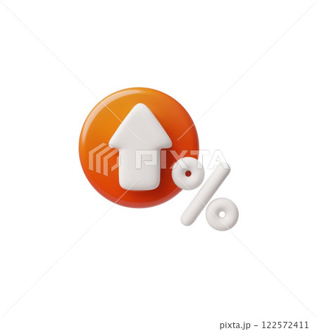 Arrow growth trend with percentage symbol on red circle 3D cartoon plastic style vector icon, rate up, increase chart 122572411