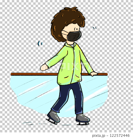 Boy ice skates slowly illustration, ice skating beginner walking on ice color drawing 122572446