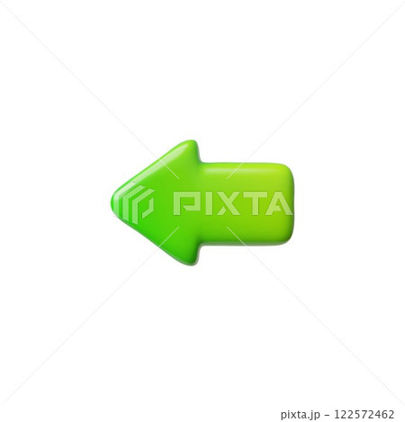 Green arrow 3D vector icon, cartoon glossy left direction pointer, computer mouse sign button, previous cursor interface 122572462