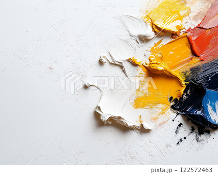 Close-up of vibrant paint strokes in white, yellow, blue, and red Close-up of vibrant paint strokes in white, yellow, blue, and red 122572463