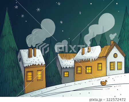 Charming winter village at night with snow-covered houses, warm glowing windows 122572472
