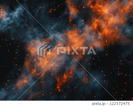 A cosmic nebula with vibrant orange and blue clouds 122572475
