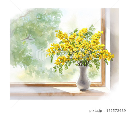 窓辺に飾った黄色いミモザの花 窓辺に飾った黄色いミモザの花 122572489