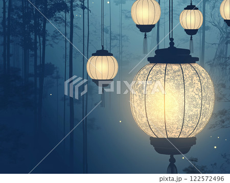 Elegant traditional lanterns glowing softly in a misty forest, creating a serene and magical atmosphere 122572496