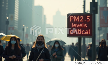 Urban Cityscape with Critical Air Quality Signage 122572609