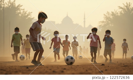 Children Playing Soccer in Dusty Environment Children Playing Soccer in Dusty Environment 122572636