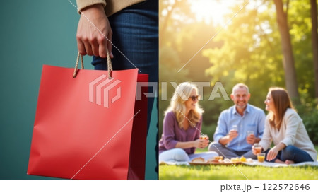 Colorful Bag and Friends Enjoying Outdoor Gathering Colorful Bag and Friends Enjoying Outdoor Gathering 122572646