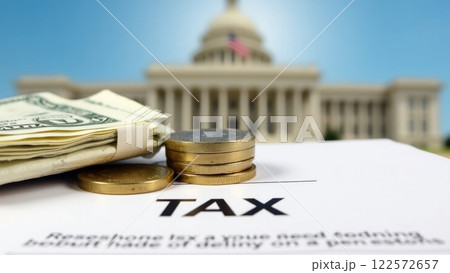Stack of Currency and Coins with Government Building Stack of Currency and Coins with Government Building 122572657