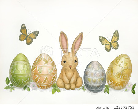 A whimsical bunny surrounded by decorated eggs and butterflies 122572753