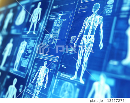 A futuristic medical interface displaying human anatomy with glowing blue skeletal structures 122572754