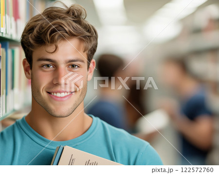 A young male student with a confident smile holds books close to his chest A young male student with a confident smile holds books close to his chest 122572760